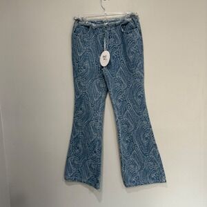 Princess Polly Loweana Low Rise Jacquard Flare Jean Blue Denim Paisley US 4